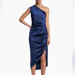 Elliatt Navy Cassini Satin One-Shoulder Dress Sz M
